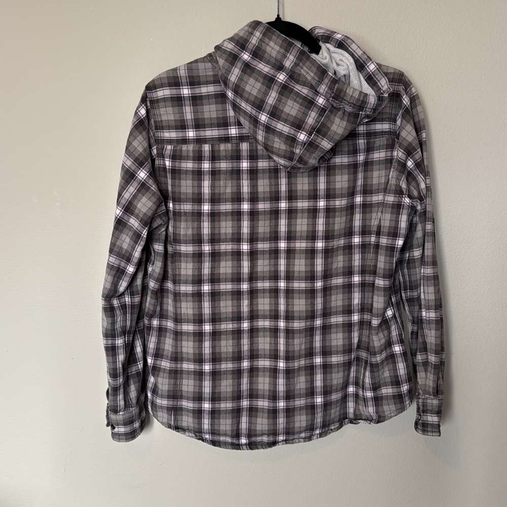 Carhartt Plaid Snap Button Up Hooded Sweatshirt Womens Med Grey Pink Long Sleeve - Picture 6 of 10